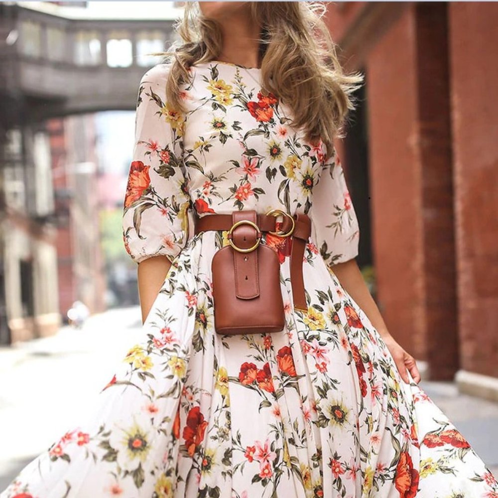 Florcoo Fashion Elegant Print Patchwork O Neck A Line Dress